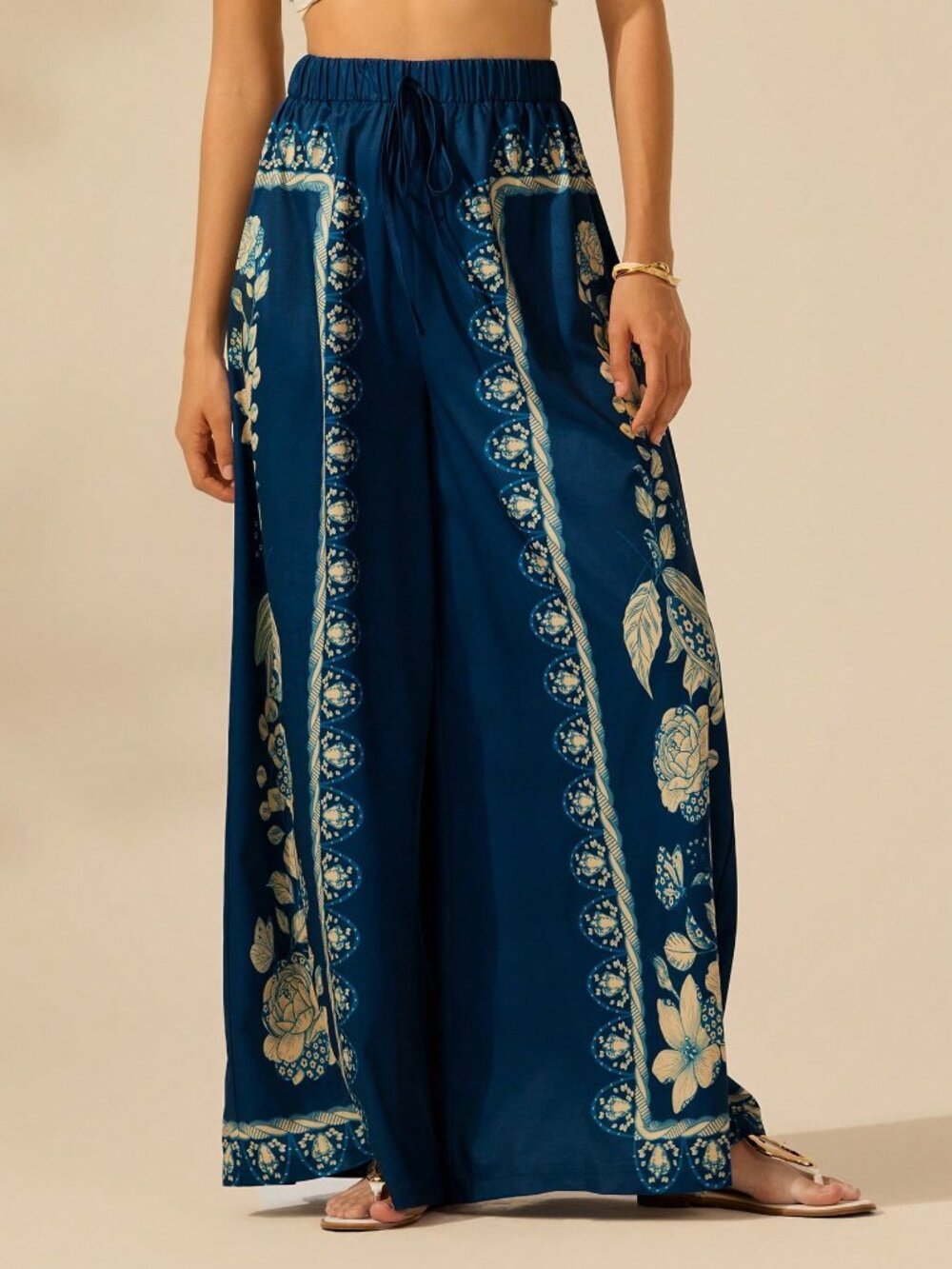 Dark Blue Boho Women's Tropical Plant Print Pants - Picture 3 of 7